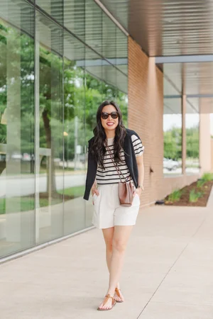 the striped cashmere sweater & tailored shorts — janna doan